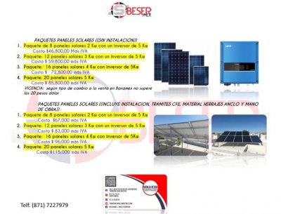 son paquetes desde 8 a 20 paneles solares todos los paquetes con un inversor de 5Kw para crecer desde el primer paquete hasta 24 paneles 
Panel garantia 20 años fabricacion nacional 
inversor garantia 10 años directo con fabrica Mx
estamos a sus servicio